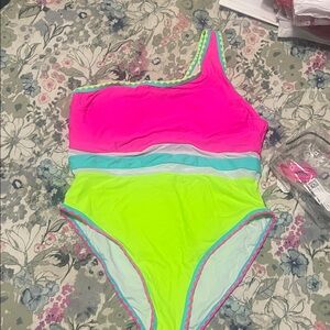NWT Popvil Neon Pink and Green One-Shoulder Swimsuit